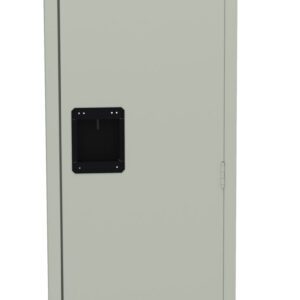 A tall, beige metal locker with a black handle and vents at the top and bottom. The locker is standing upright against a white background.
