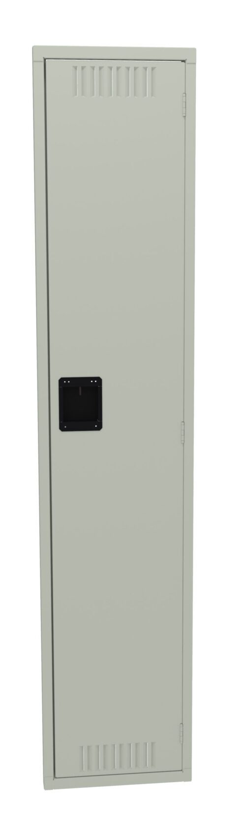 A tall, beige metal locker with a black handle and vents at the top and bottom. The locker is standing upright against a white background.