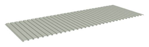 qnlsp0qdnxqeekyawv9e.jpg Image of a long, rectangular, gray metal sheet with evenly spaced ridges running lengthwise. The sheet is displayed against a white background and appears to be intended for use in roofing or similar applications.