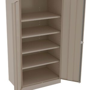 A tall, beige metal cabinet with double doors open, revealing five empty shelves inside.