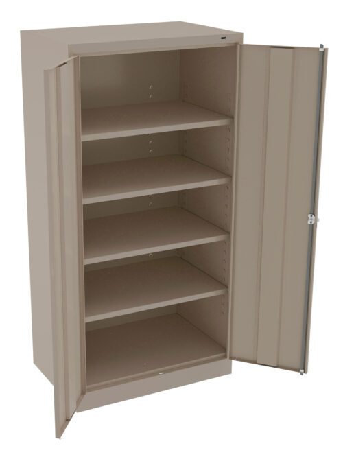 A tall, beige metal cabinet with double doors open, revealing five empty shelves inside.