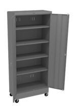 Metal storage cabinet with one door open, revealing five shelves inside. It stands on four wheels, allowing for mobility. The cabinet is a neutral gray color.