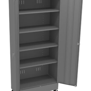 Metal storage cabinet with one door open, revealing five shelves inside. It stands on four wheels, allowing for mobility. The cabinet is a neutral gray color.