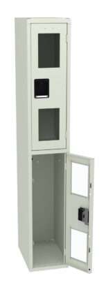 A tall, light gray metal locker with two compartments. The top compartment is closed, and the bottom compartments door is open, showing its interior. Both doors have transparent sections and black handles.