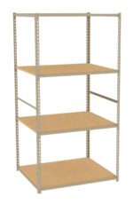 Metal shelving unit with four wooden shelves, evenly spaced. The structure is open on all sides, supported by vertical metal bars and horizontal beams. The design is simple, suitable for storage or organizing items.