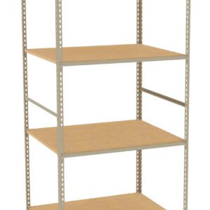 Metal shelving unit with four wooden shelves, evenly spaced. The structure is open on all sides, supported by vertical metal bars and horizontal beams. The design is simple, suitable for storage or organizing items.