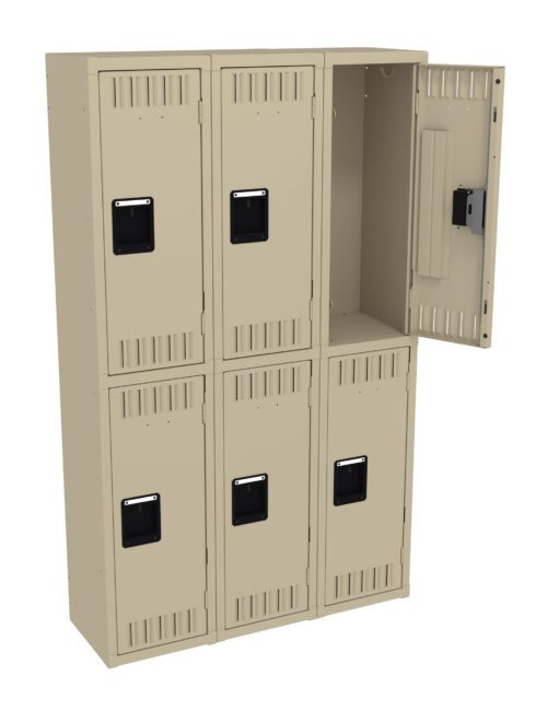 qoxtbt1govmzwq5fgdke.jpg A beige locker unit with six compartments arranged in two rows of three. The top right compartment door is open, showing a clean, empty interior and a lock mechanism. The other doors are closed. Each door has black, rectangular handles.