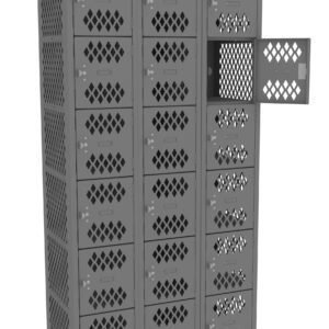 A metal locker with 25 small compartments in a 5x5 grid. One compartment door is open, showing interior details. The locker doors have a diamond-shaped ventilation pattern.