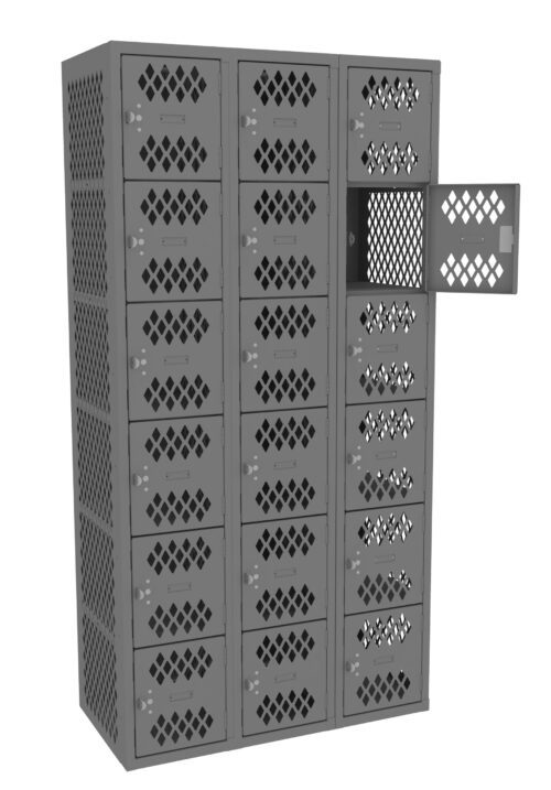 qp90u8dpcrgnir5ia18s.jpg A metal locker with 25 small compartments in a 5x5 grid. One compartment door is open, showing interior details. The locker doors have a diamond-shaped ventilation pattern.