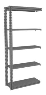 Gray metal shelving unit with five adjustable shelves. The frame has a series of perforations for customizing shelf heights. It is freestanding and suitable for storage or organizational use in various settings.