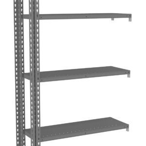 Gray metal shelving unit with five adjustable shelves. The frame has a series of perforations for customizing shelf heights. It is freestanding and suitable for storage or organizational use in various settings.