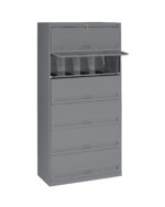 A tall, gray metal filing cabinet with multiple drawers, one of which is open revealing interior compartments. The cabinet features a lock at the top for security.