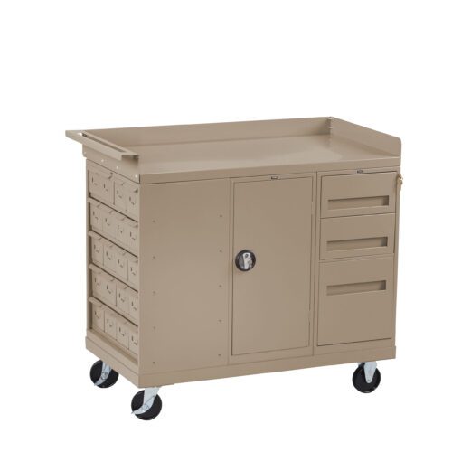 qphx89mkq8q30suo6482.jpg A beige metal utility cart with four wheels. It features a flat top, a central door with a handle, four small drawers on the left, and two medium-sized drawers on the right. The cart is designed for storage and easy mobility.