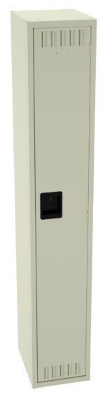 A tall, beige metal storage locker with a black handle and vented panels on the top and bottom. The locker is closed and stands upright against a plain background.