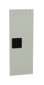 Tall, rectangular, off-white metal panel with a small black recessed opening in the center. The panel features several horizontal vent-like cutouts near the top and bottom edges.