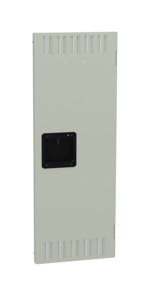 Tall, rectangular, off-white metal panel with a small black recessed opening in the center. The panel features several horizontal vent-like cutouts near the top and bottom edges.