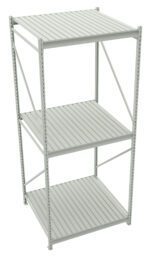 A tall, empty, metal shelving unit with three tiers, consisting of slatted shelves and vertical supports. The structure is painted in a light grey color and appears sturdy, suitable for storage in a workshop or garage.