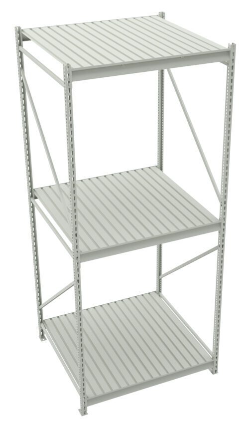 qpy02abbcgxmiuv3redw.jpg A tall, empty, metal shelving unit with three tiers, consisting of slatted shelves and vertical supports. The structure is painted in a light grey color and appears sturdy, suitable for storage in a workshop or garage.
