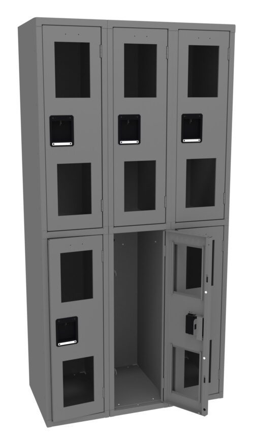 A set of six gray lockers arranged in two rows of three. The doors have transparent panels and black handles. One locker door is open, revealing an empty interior.
