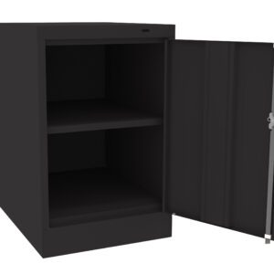 A black, open cabinet with a single door, revealing two empty shelves inside. The interior is also black, and the cabinet has a simple, modern design.