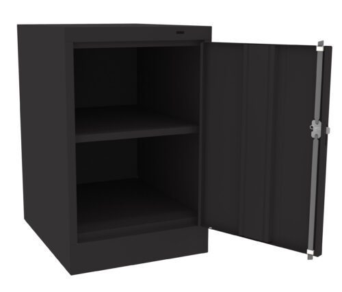 qq6n7ravhzyqukqrp7is.jpg A black, open cabinet with a single door, revealing two empty shelves inside. The interior is also black, and the cabinet has a simple, modern design.
