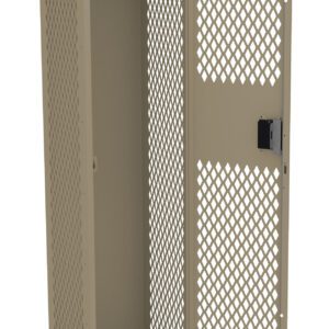 An open, beige metal locker with diamond-shaped ventilation holes. The locker stands on short legs and features a hanging rod inside. A lock mechanism is visible on the door.