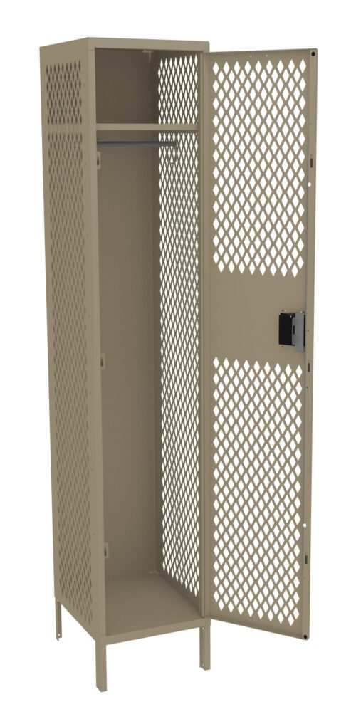 An open, beige metal locker with diamond-shaped ventilation holes. The locker stands on short legs and features a hanging rod inside. A lock mechanism is visible on the door.