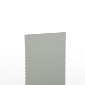 A gray, rectangular sheet with small perforations along its vertical edges stands upright against a white background. The sheet appears minimalistic with smooth surfaces and no other markings or textures visible.