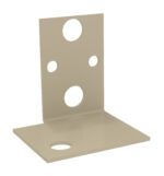 A beige L-shaped metal bracket with four circular holes of varying sizes. The bracket is positioned upright with a right angle between the horizontal and vertical planes.