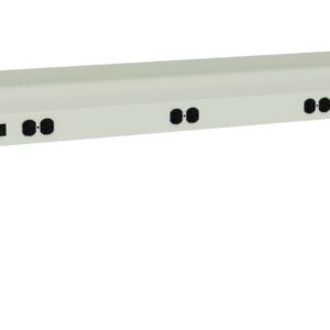 A long, light gray metal power distribution unit with multiple black outlets and a visible power switch on the front. The unit is designed for mounting, with bracketed ends for installation.