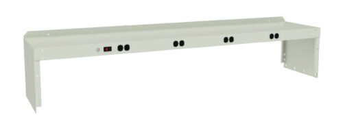 A long, light gray metal power distribution unit with multiple black outlets and a visible power switch on the front. The unit is designed for mounting, with bracketed ends for installation.