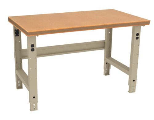 A sturdy workbench with a thick wooden top and metal legs. The design allows for height adjustments, with holes visible on the legs. The frame is beige, providing a neutral, industrial look against the natural wood surface.