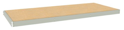 A rectangular wooden shelf with a light beige surface and grey metal edges, viewed from a slightly elevated angle.