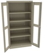 A tall, open, beige metal cabinet with four adjustable shelves and two open doors. The interior is empty, showcasing the spacious storage area. The cabinet is designed for organizing and storing items efficiently.
