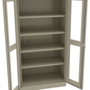 A tall, open, beige metal cabinet with four adjustable shelves and two open doors. The interior is empty, showcasing the spacious storage area. The cabinet is designed for organizing and storing items efficiently.