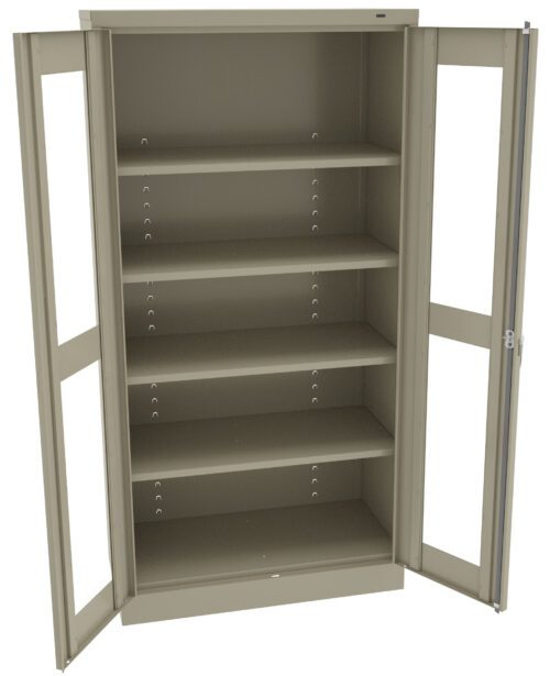 A tall, open, beige metal cabinet with four adjustable shelves and two open doors. The interior is empty, showcasing the spacious storage area. The cabinet is designed for organizing and storing items efficiently.
