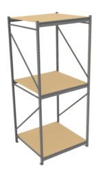 Metal shelving unit with three wooden shelves. The structure has a grey metal frame with cross-supports on the sides for stability. The shelves are evenly spaced, providing ample storage space. The unit is isolated on a white background.