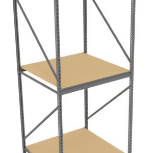 Metal shelving unit with three wooden shelves. The structure has a grey metal frame with cross-supports on the sides for stability. The shelves are evenly spaced, providing ample storage space. The unit is isolated on a white background.