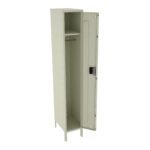 An open beige metal locker with a single door, revealing an empty interior. Inside, there is a top shelf and a hanging rod below it. The locker stands on short legs and has a black latch on the door.