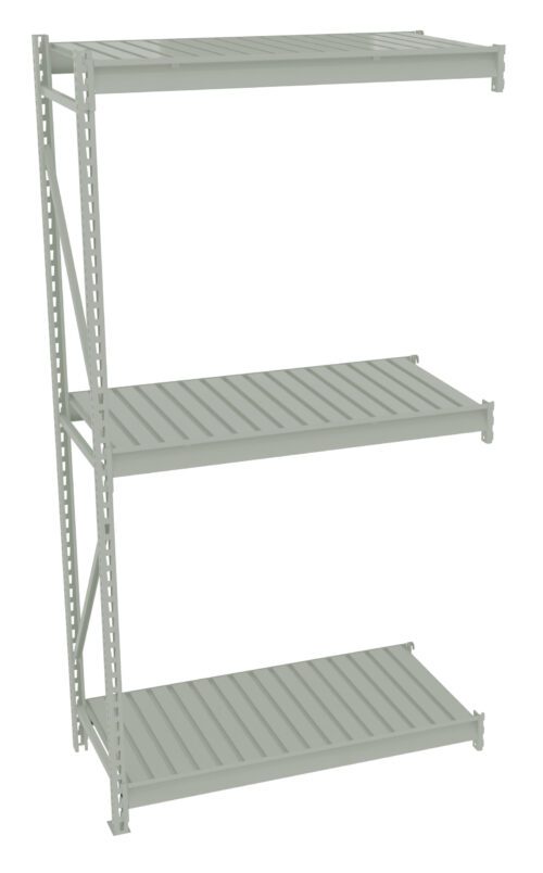 A light gray, three-tiered metal shelf with adjustable rack levels. It has a simple, industrial design with slotted sides for flexibility in height adjustments and uniformly spaced horizontal bars on each shelf for support.