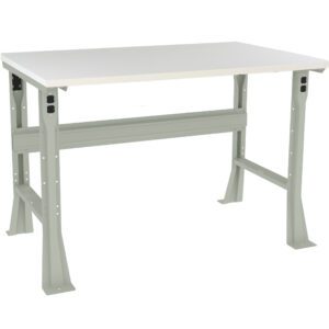 A metal workbench with a rectangular white tabletop and sturdy steel frame. It features a central supporting beam and adjustable legs for stability. The design is utilitarian and ideal for industrial or workshop settings.