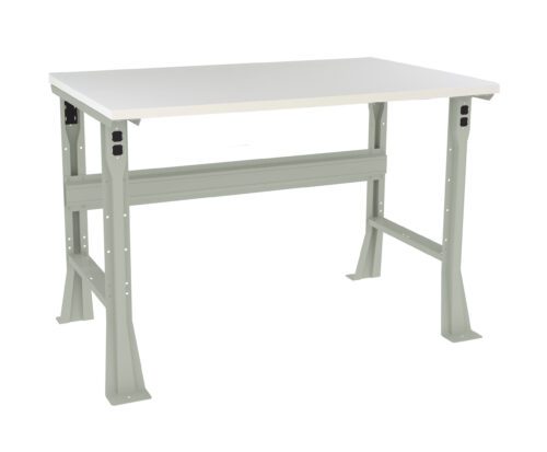 qsecumo9hnqsg7bsqr0v.jpg A metal workbench with a rectangular white tabletop and sturdy steel frame. It features a central supporting beam and adjustable legs for stability. The design is utilitarian and ideal for industrial or workshop settings.