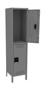 Gray metal locker with two compartments. The top compartments door is open, showing an empty space, while the bottom compartments door is closed. Both doors have ventilation slots and small rectangular handles.