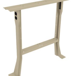 Metal table frame with a beige finish, consisting of two sturdy vertical legs connected by a horizontal beam. The structure has holes for mounting and features angled feet for stability. Suitable for supporting a tabletop.