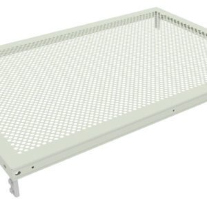 A rectangular metal shelf with a perforated surface, featuring evenly spaced circular holes. The shelf has sturdy edges and corners, with metal supports extending downward at each corner for mounting. The shelf is light green in color.