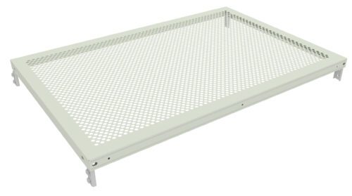 A rectangular metal shelf with a perforated surface, featuring evenly spaced circular holes. The shelf has sturdy edges and corners, with metal supports extending downward at each corner for mounting. The shelf is light green in color.