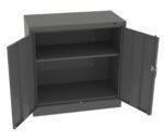 Open gray metal storage cabinet with two doors and two shelves, placed against a plain white background.