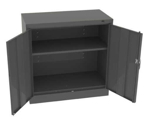 Open gray metal storage cabinet with two doors and two shelves, placed against a plain white background.