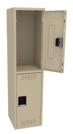 A beige metal locker with two compartments stands open. The upper compartment door is open, showing an empty interior. The bottom compartment is closed. Both doors have ventilation slots and integrated handles.