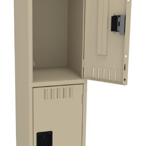 A beige metal locker with two compartments stands open. The upper compartment door is open, showing an empty interior. The bottom compartment is closed. Both doors have ventilation slots and integrated handles.